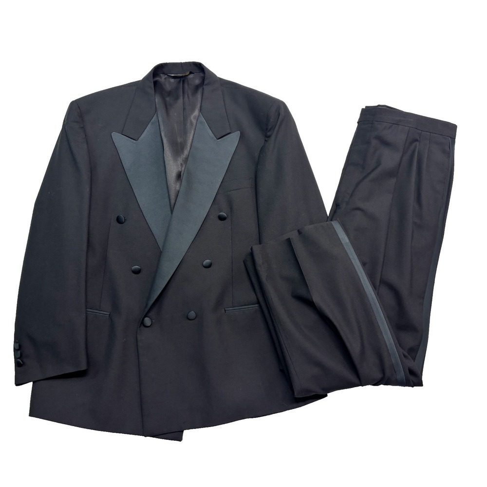 vtg 90s Adolfo Couture 46R 38x31 Black Double Breasted Tuxedo Pant Suit Formal